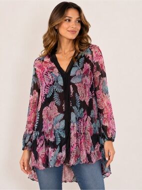 Elizabeth James Sheer Floral V-Neck Tunic - Black with Pink & Blue Floral